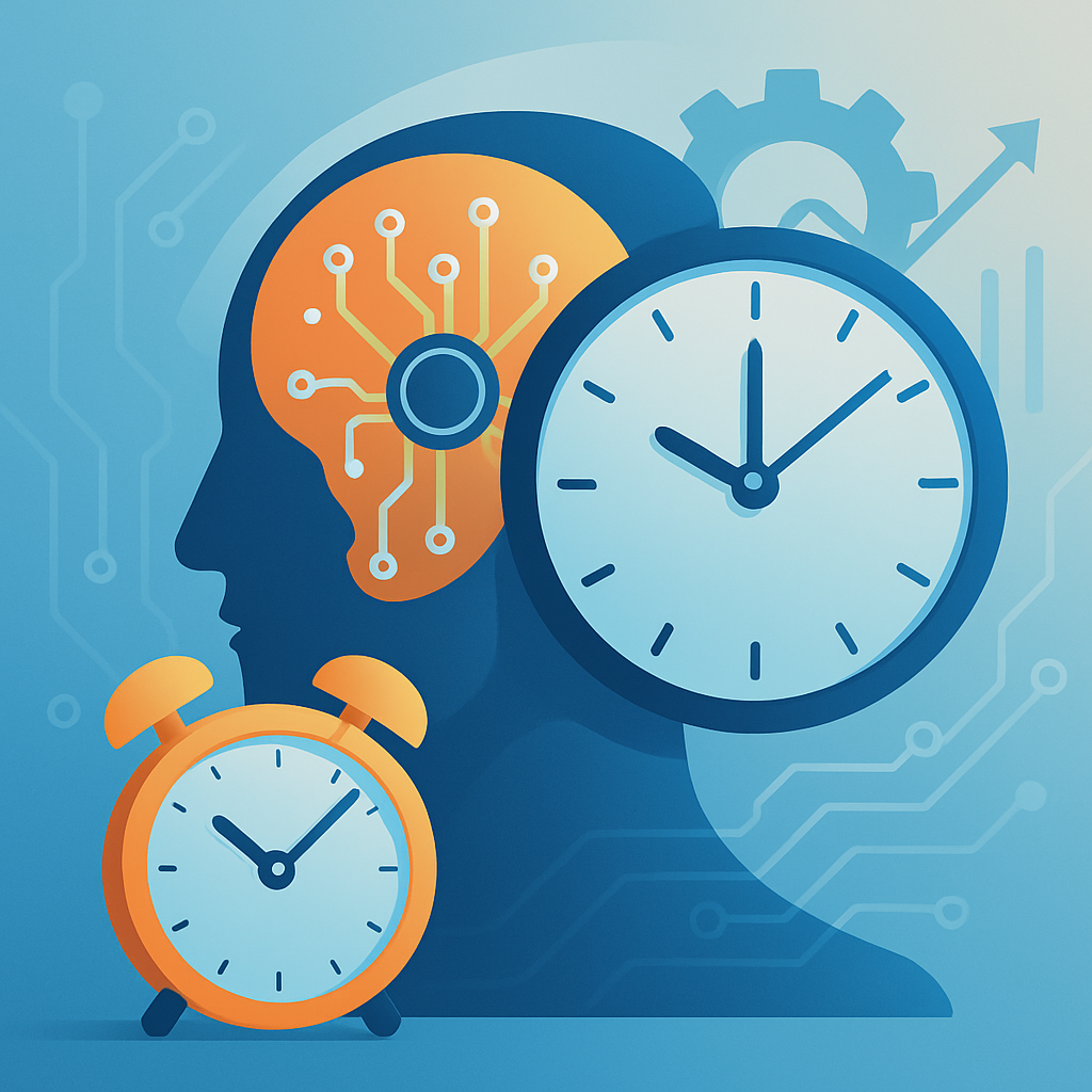 Illustration of AI and time management with silhouette head and clocks